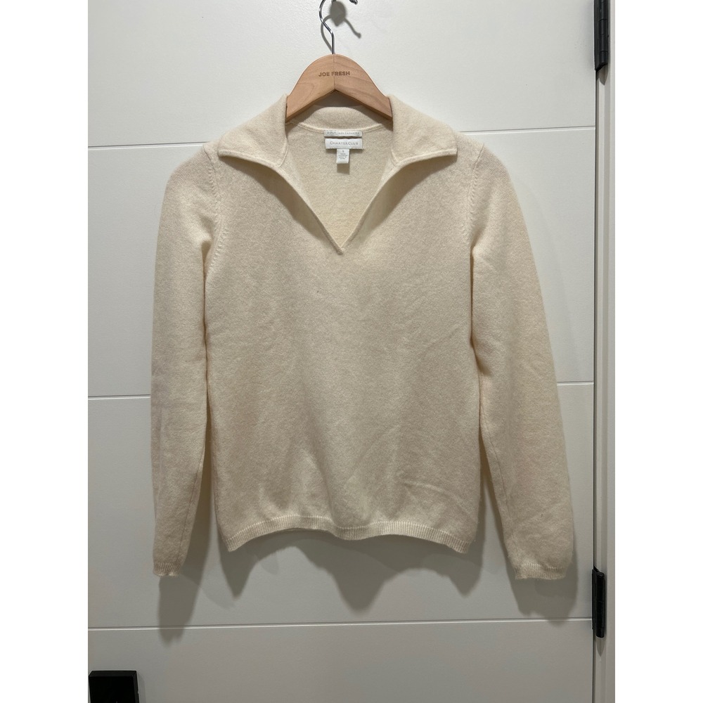 Charter Club Cashmere Sweater Womens Small Cream 2-Ply V-Neck Polo Collar Knit